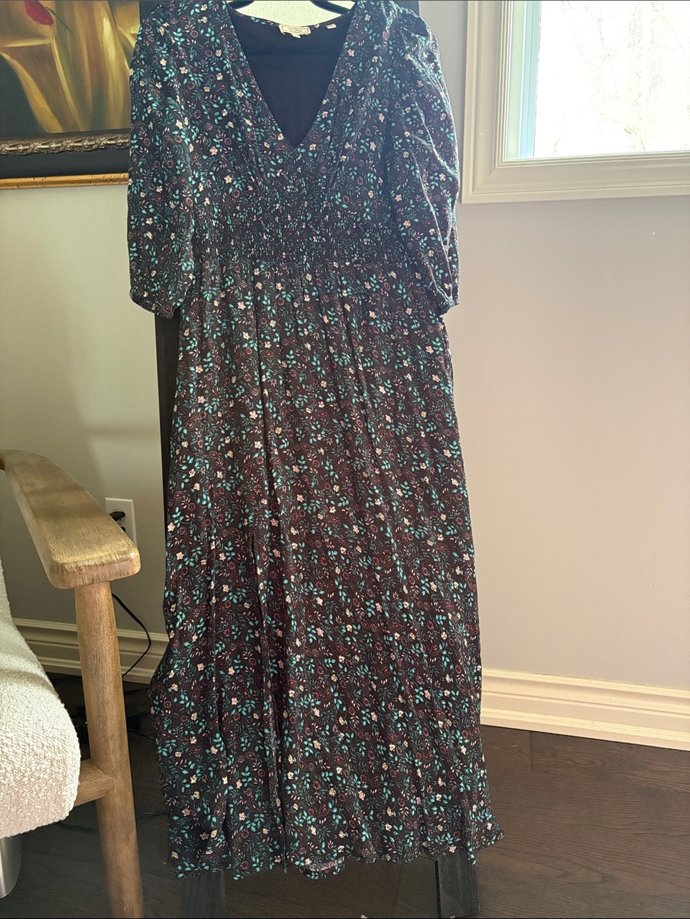 Fat Face Floral V-Neck Maxi Dress in Black with Teal Accents